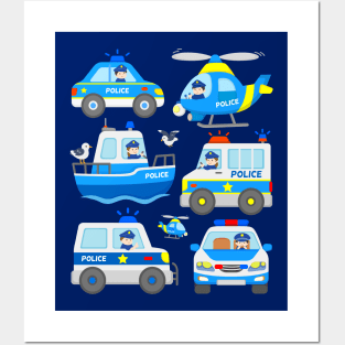 Cops with Patrol Cars Police Helicopter Boat for Kids Posters and Art